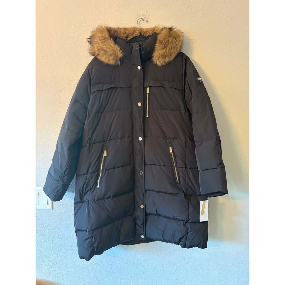 Michael Michael Kors Womens Puffer Coat 2X Black Faux Fur Hood M426577B74